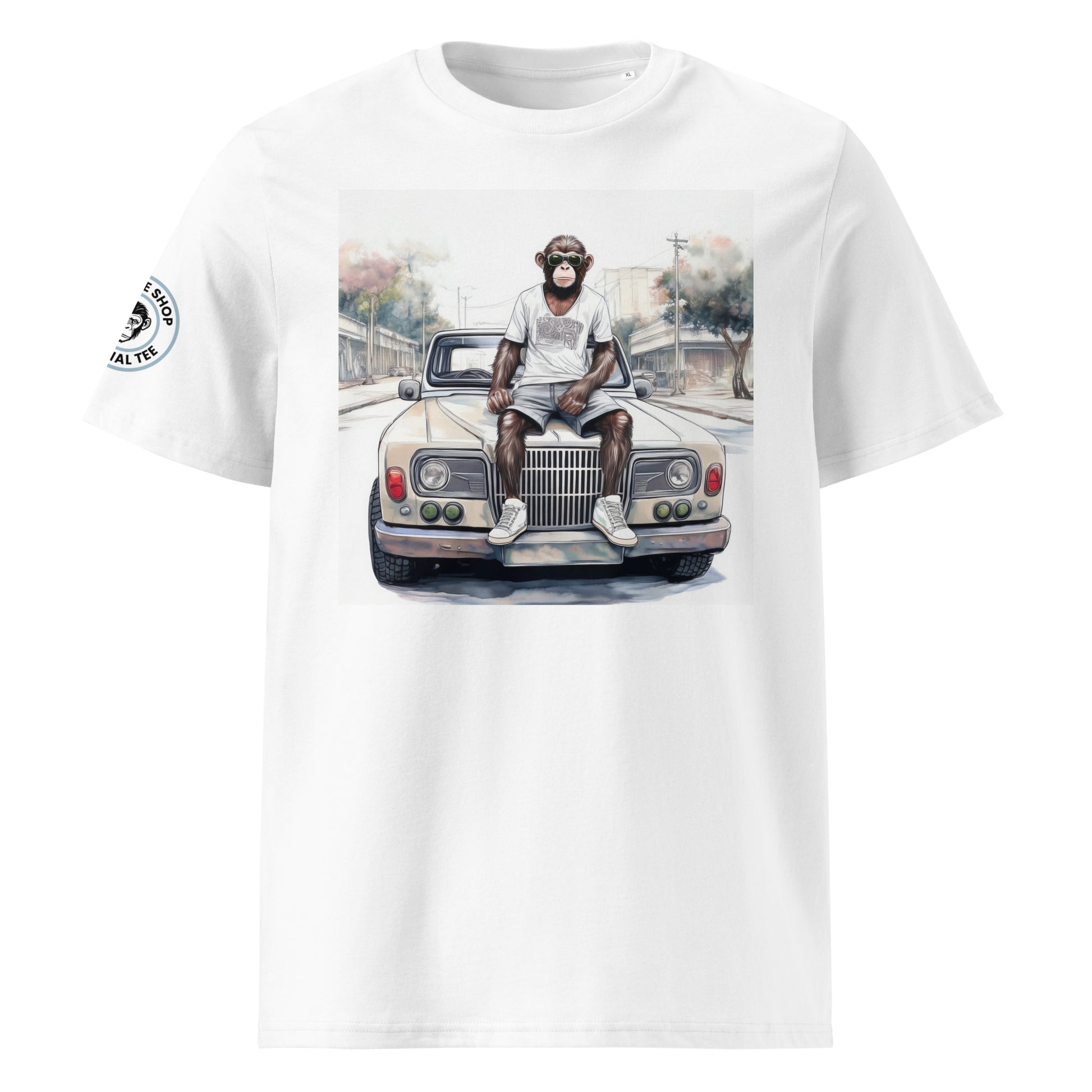 Front view of Monkey Business 3.0 t-shirt featuring a monkey sitting on a classic car, pastel design.