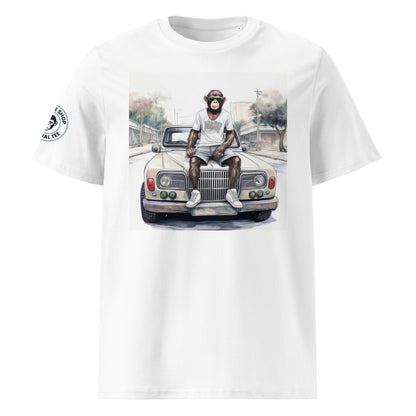 Front view of Monkey Business 3.0 t-shirt featuring a monkey sitting on a classic car, pastel design.