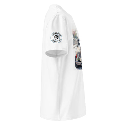 Right sleeve of Monkey Business 3.0 t-shirt showing Monkey Bizness logo