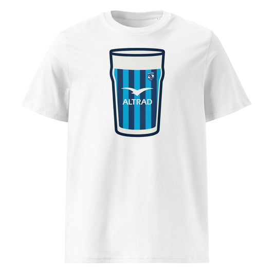 White Montpellier Home Mega Pint Rugby T-Shirt with blue and navy striped pint glass graphic, Altrad sponsor detail and Montpellier Rugby crest.