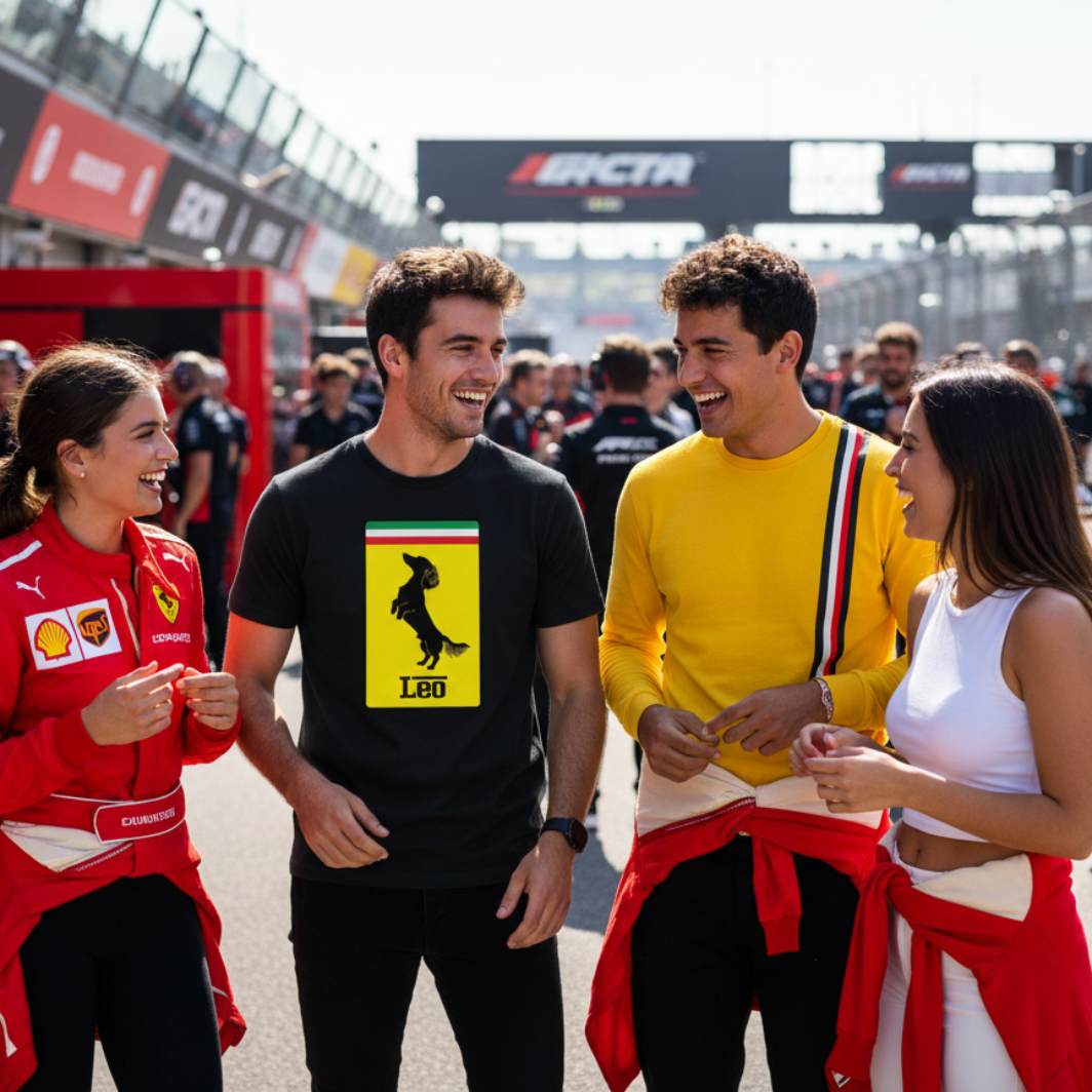 Group of four motorsport fans in the paddock, with one wearing the black Prancing Leo T-Shirt featuring a yellow badge and black dachshund, and others in red, yellow, and white race-inspired outfits, showing off their passion for racing and dog mascots.