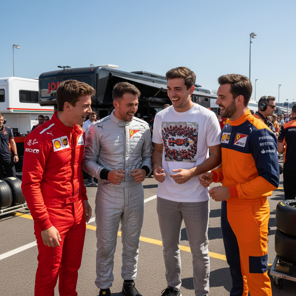 Four grand prix fans in the paddock, one wearing The Gathering T-Shirt with a red race car and pit crew circle, surrounded by others in red, silver and papaya race-colour outfits, all admiring the design.