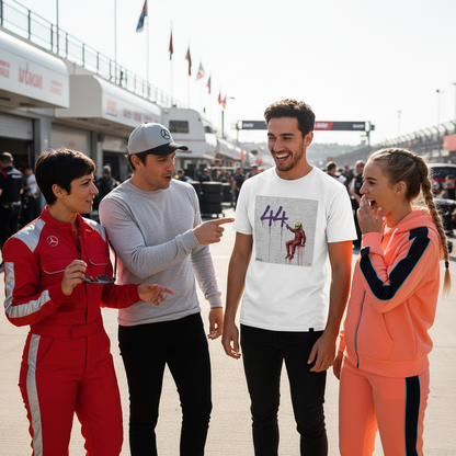 Four grand prix fans in the paddock, one wearing The Magic Number 44 graffiti T-Shirt and others in red, silver and papaya race colours, gathered around and admiring the street-art racing design.