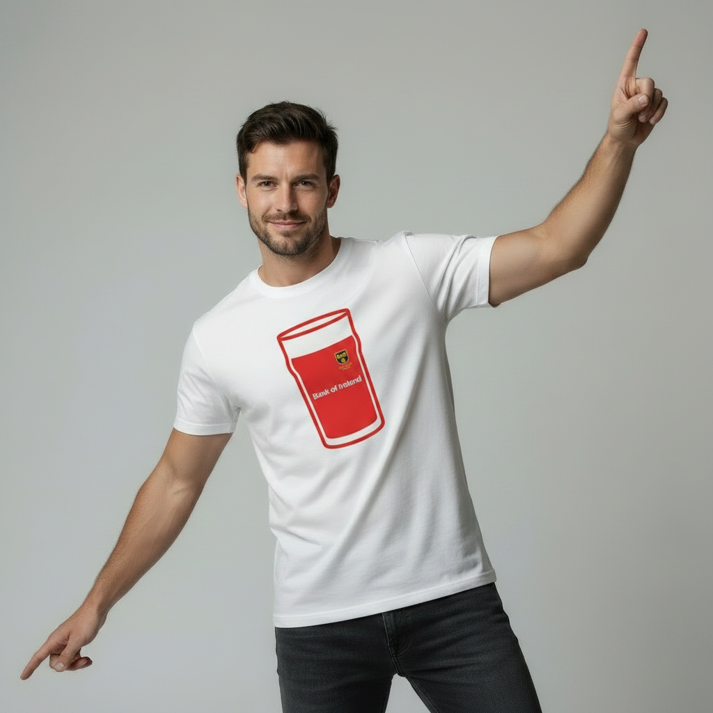 Male model doing disco finger pose wearing white rugby t-shirt with red Munster pint glass graphic and Bank of Ireland text on light grey studio background