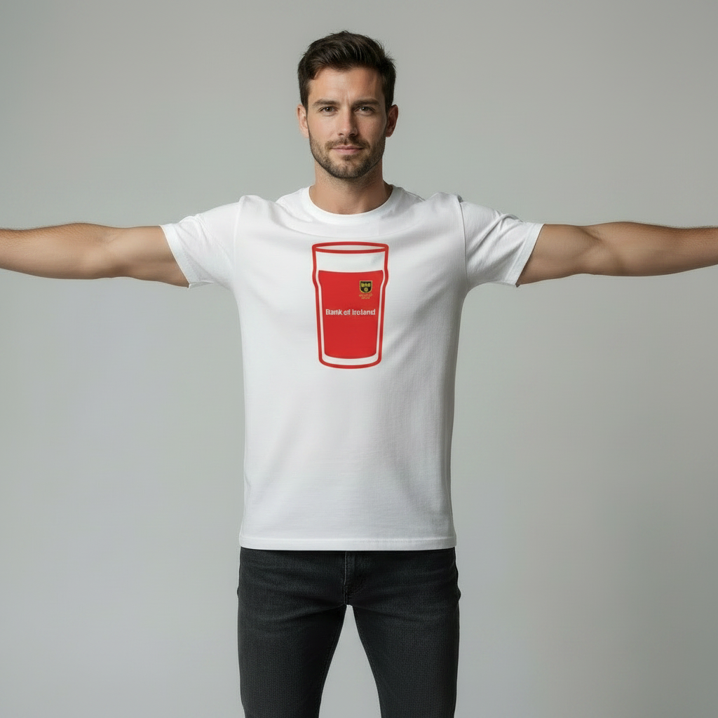 Male model with arms extended out to the sides wearing white rugby t-shirt with red Munster pint glass graphic and Bank of Ireland text on light grey studio background