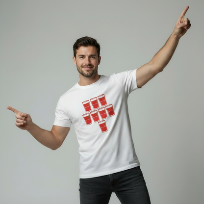 Male model doing disco finger pose wearing white t-shirt with Munster red pint glass grid graphic and Bank of Ireland text on light grey studio background