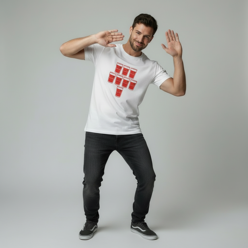 Male model doing Drake Hotline Bling dance pose wearing white t-shirt with Munster red pint glass grid graphic and Bank of Ireland text on light grey studio background