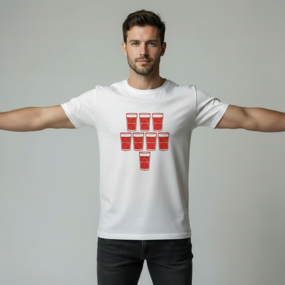Male model with arms extended out to the sides wearing white t-shirt with Munster red pint glass grid graphic and Bank of Ireland text on light grey studio background