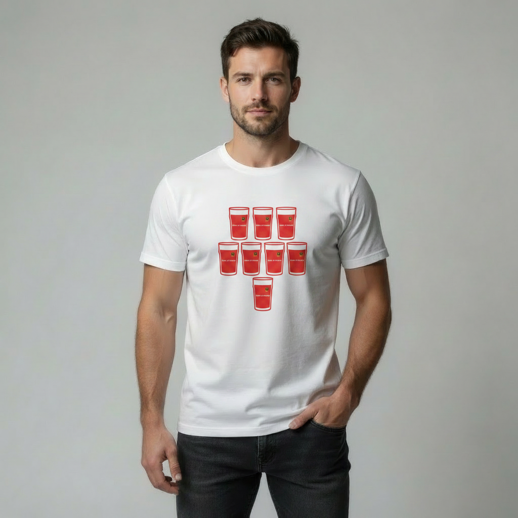 Male model front-facing wearing white t-shirt with Munster red pint glass grid graphic and Bank of Ireland text on light grey studio background