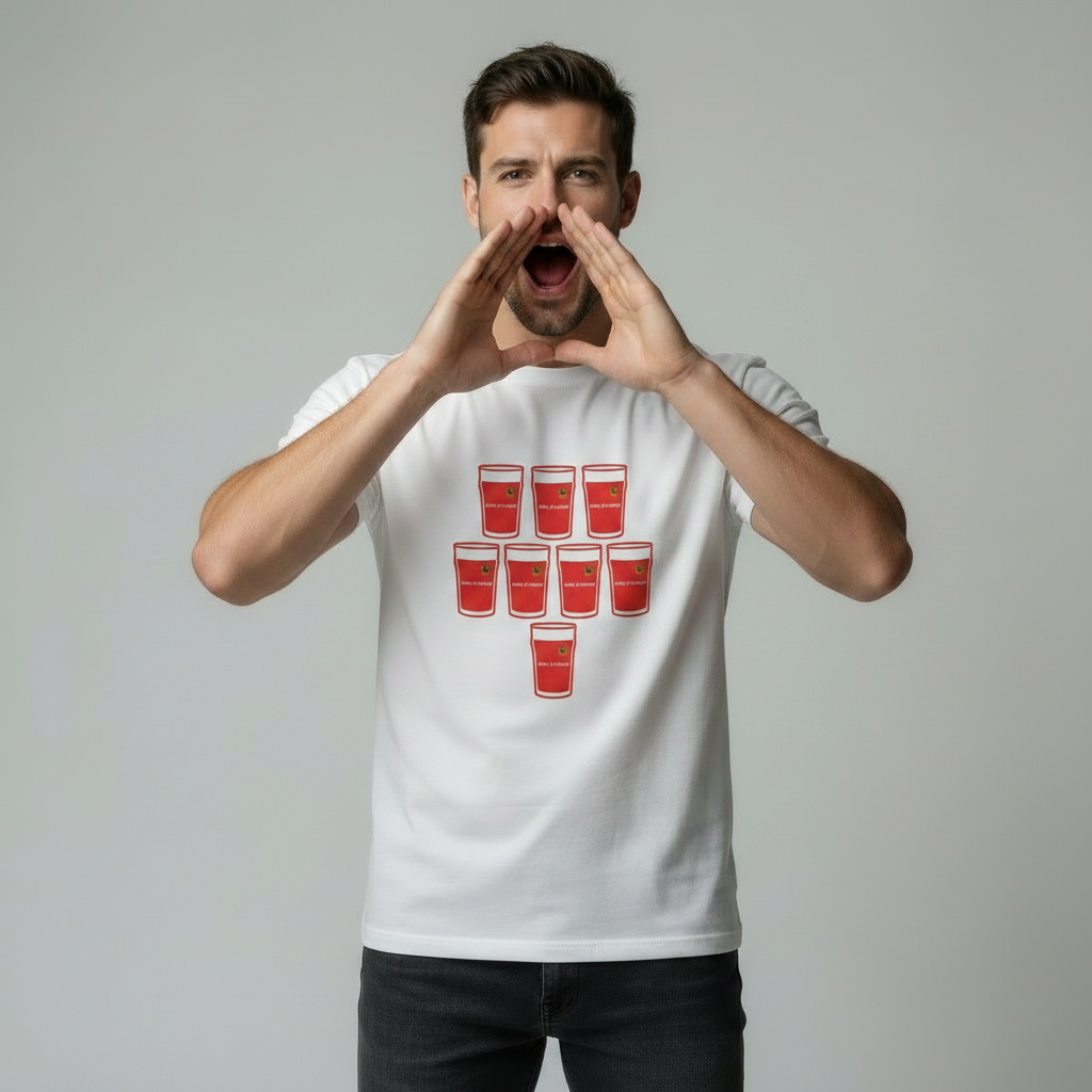 Male model shouting with hands cupped around mouth wearing white t-shirt with Munster red pint glass grid graphic and Bank of Ireland text on light grey studio background