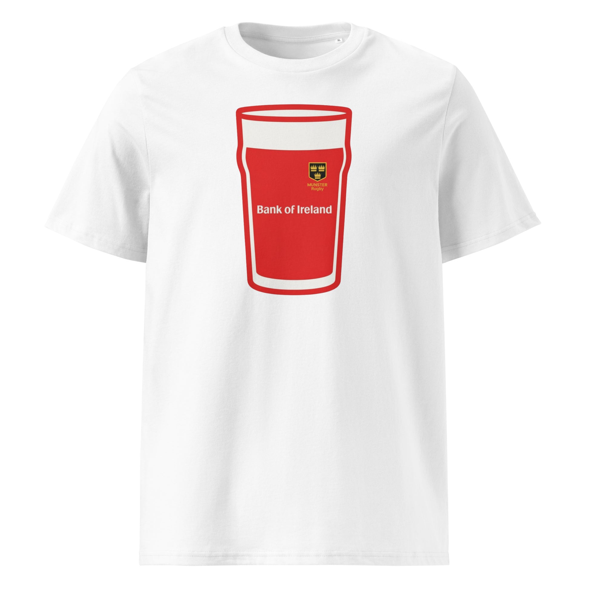 White Munster Vintage Mega Pint Rugby T-Shirt with red pint glass graphic, Munster Rugby crest and Bank of Ireland sponsor detail.