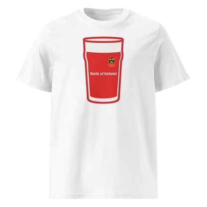 White Munster Vintage Mega Pint Rugby T-Shirt with red pint glass graphic, Munster Rugby crest and Bank of Ireland sponsor detail.