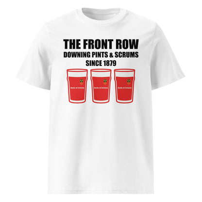 White Munster vintage rugby t-shirt with black slogan text reading The Front Row Downing Pints & Scrums Since 1879 and three pint glasses styled in classic Munster red.