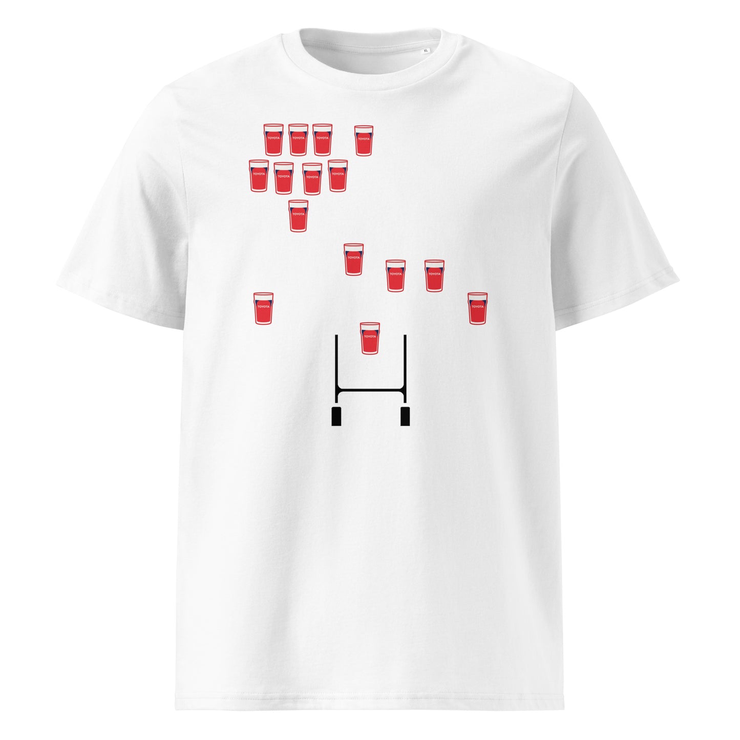 White Munster nostalgic rugby t-shirt featuring red pint glasses arranged in a rugby team formation above rugby posts.