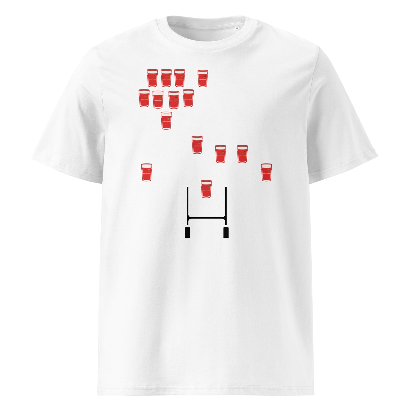 White Munster vintage rugby t-shirt featuring red pint glasses arranged in a rugby team formation above rugby posts.