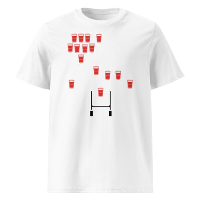 White Munster vintage rugby t-shirt featuring red pint glasses arranged in a rugby team formation above rugby posts.