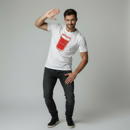Male model doing Drake Hotline Bling dance pose wearing white rugby t-shirt with red Munster pint glass graphic and Bank of Ireland text on light grey studio background