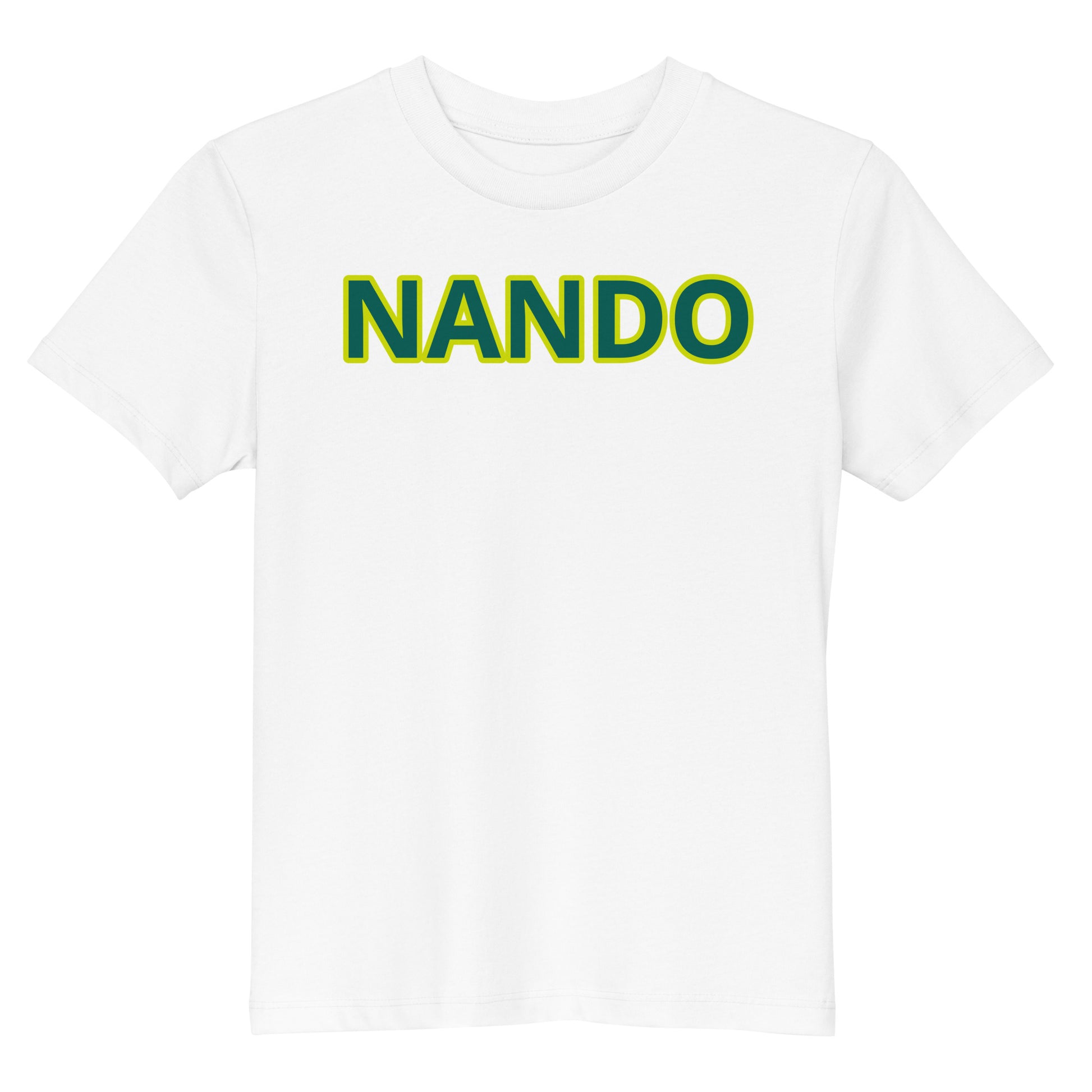 Front view of the Nando Organic Cotton Kids White T-Shirt, a stylish and comfortable choice for young race fans.