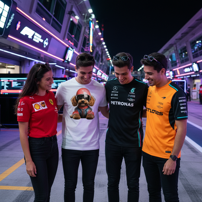 Group of four F1 fans in a neon-lit paddock at night, one in the Simba Gasly T-Shirt, others in Ferrari, Mercedes, and McLaren tees, all admiring the Simba Gasly design.