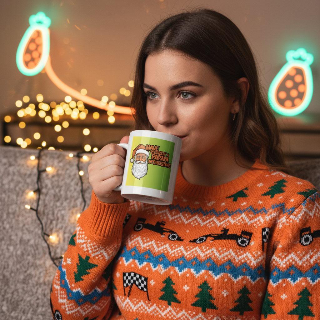 Female F1 fan in a papaya or McLaren-style Christmas jumper sipping from the Neon Papaya McChristmas Mug on a sofa, with warm fairy lights and subtle neon papaya decorations.