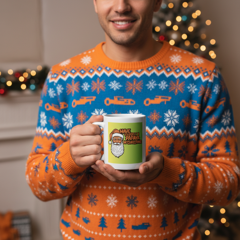 Male F1 fan in a papaya or McLaren-style Christmas jumper holding the Neon Papaya McChristmas Mug with Santa and “Have Yourself a Papaya McChristmas” on a green-to-yellow background in a cosy, neon-lit living room.