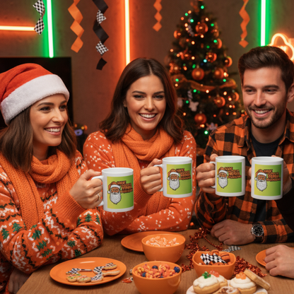 Group of four F1 fans in papaya or McLaren-style Christmas apparel, each holding a Neon Papaya McChristmas Mug with Santa and “Have Yourself a Papaya McChristmas” artwork at a lively holiday gathering with neon papaya and Christmas decorations.