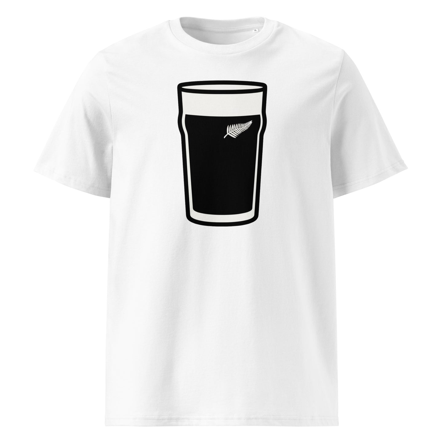 White New Zealand Mega Pint Rugby T-Shirt with black pint glass graphic and silver fern emblem.