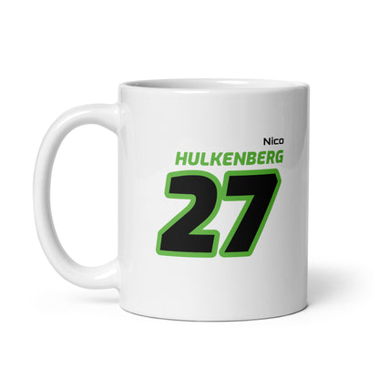 The Nico Hülkenberg Racing Mug featuring Nico's name and number "27" in vibrant Stake F1 Team KICK colours. Ideal for enjoying a brew while watching the Grand Prix.