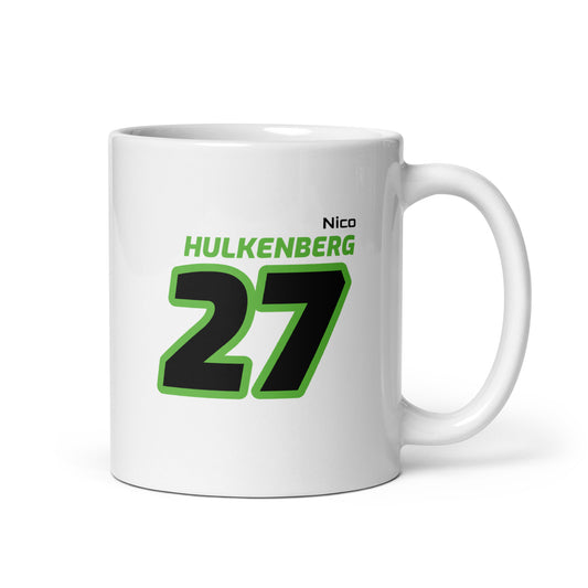 The Nico Hülkenberg Racing Mug showcasing Nico's name and number "27" in bold Stake F1 Team KICK colours of green and black. Perfect for motorsport fans and collectors.