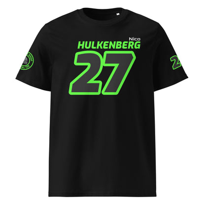 View the front of the black Nico Hülkenberg T-Shirt, featuring "HULKENBERG" and the number "27" in bright green. Perfect for F1 fans and petrol heads.