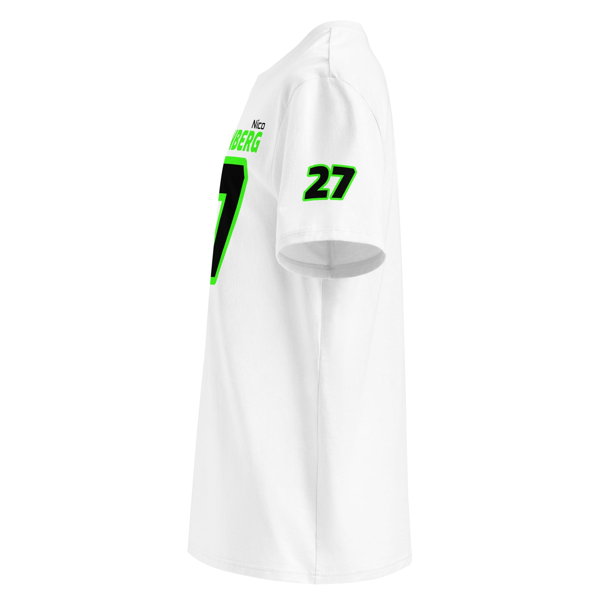 See the left sleeve of the white Nico Hülkenberg T-Shirt, featuring additional logos or designs. Ideal for car meets and shows.