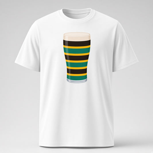White Northampton Mega Pint rugby t-shirt featuring a striped pint glass graphic in green, black and gold for Northampton rugby supporters on match days