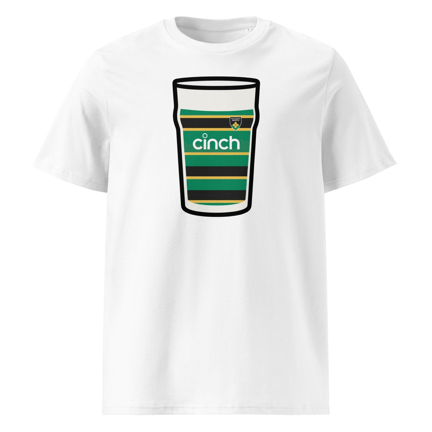 White Northampton Saints Mega Pint Rugby T-Shirt with green, black, and gold striped pint glass graphic, Saints crest and Cinch sponsor detail.