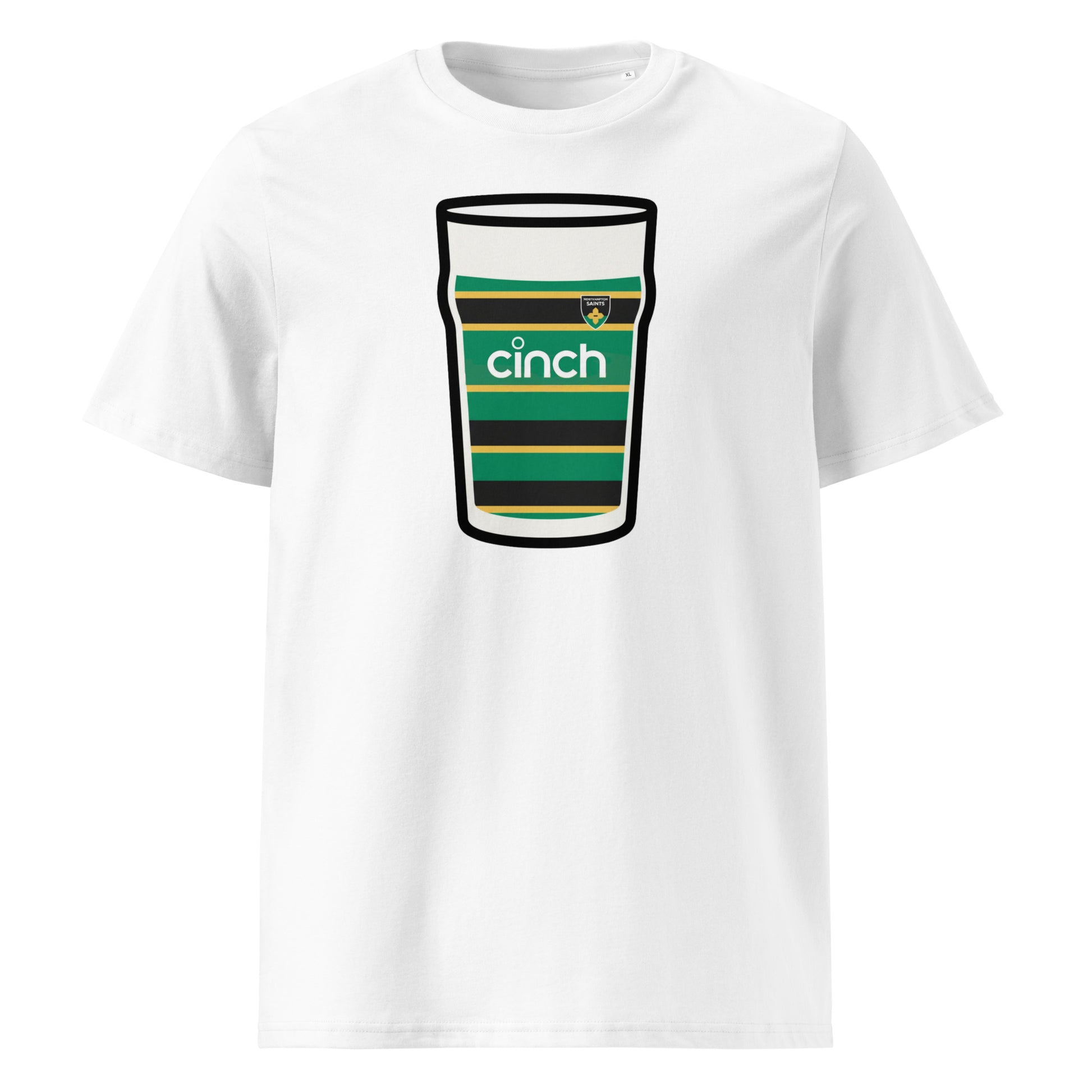 White Northampton Saints Mega Pint Rugby T-Shirt with green, black, and gold striped pint glass graphic, Saints crest and Cinch sponsor detail.