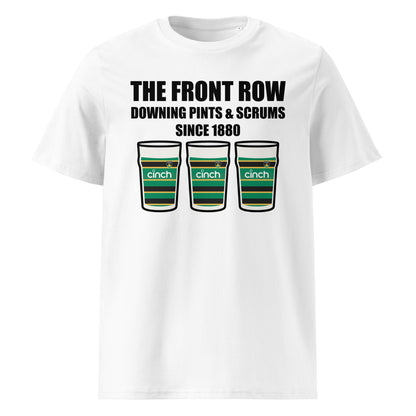 White Northampton Saints rugby t-shirt with black slogan text reading The Front Row Downing Pints & Scrums Since 1880 and three pint glasses in black, green and gold striped club colours.
