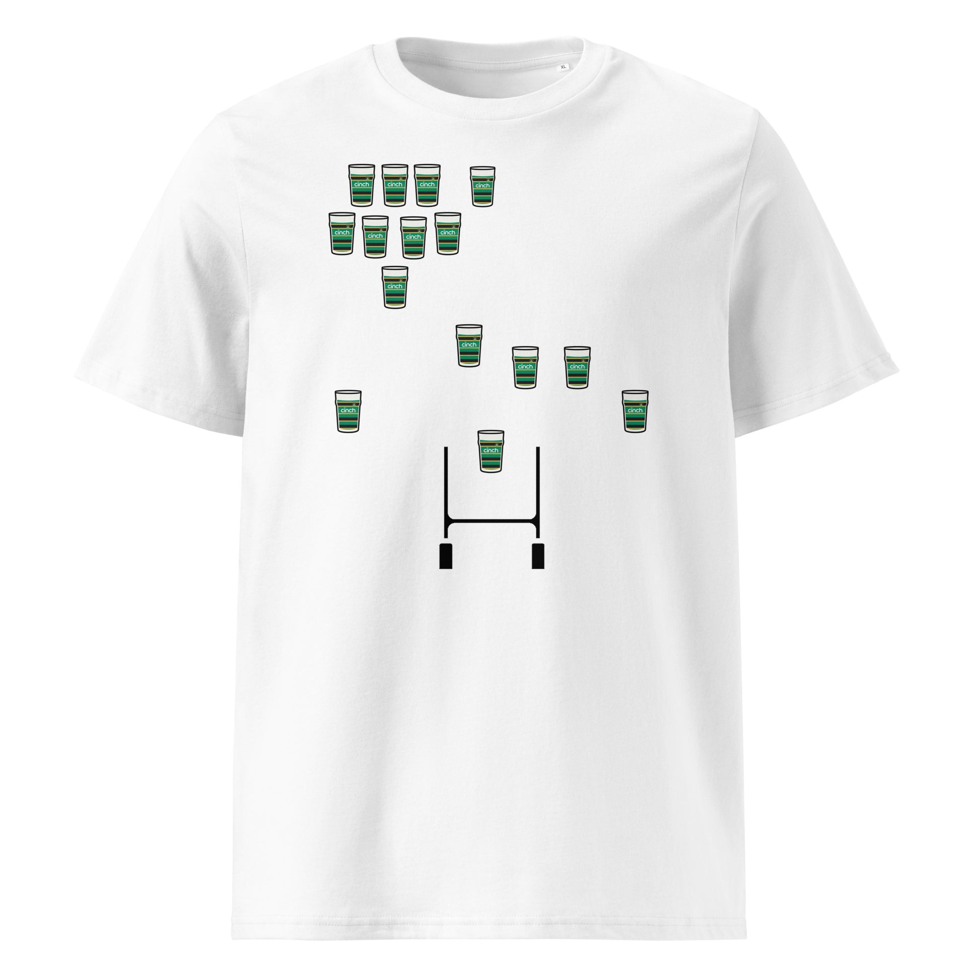 White Northampton Saints rugby t-shirt featuring green and black hooped pint glasses arranged in a rugby team formation above rugby posts.