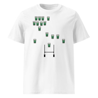 White Northampton Saints rugby t-shirt featuring green and black hooped pint glasses arranged in a rugby team formation above rugby posts.