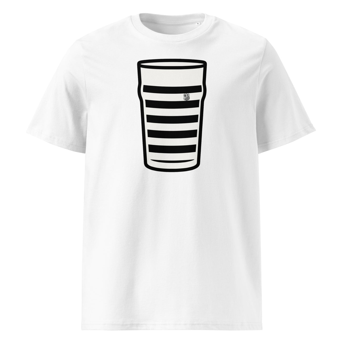 White Old Belvedere Mega Pint Rugby T-Shirt featuring a pint glass graphic in black and white hooped club colours.