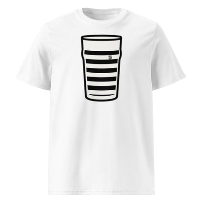 White Old Belvedere Mega Pint Rugby T-Shirt featuring a pint glass graphic in black and white hooped club colours.