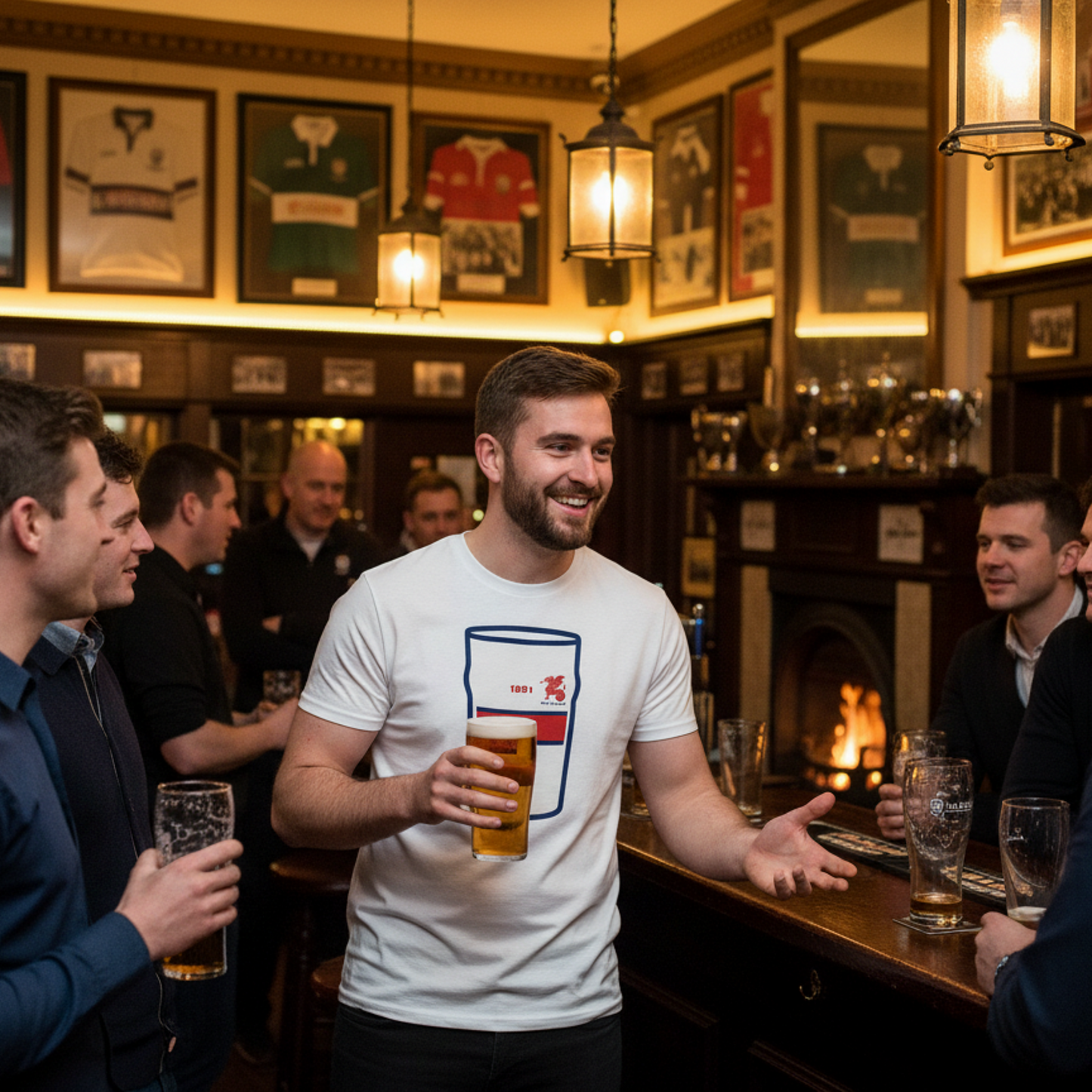 Man wearing white Old Wesley Mega Pint Rugby T-Shirt holding a pint and chatting with friends in a warm rugby clubhouse bar with framed jerseys on the walls.