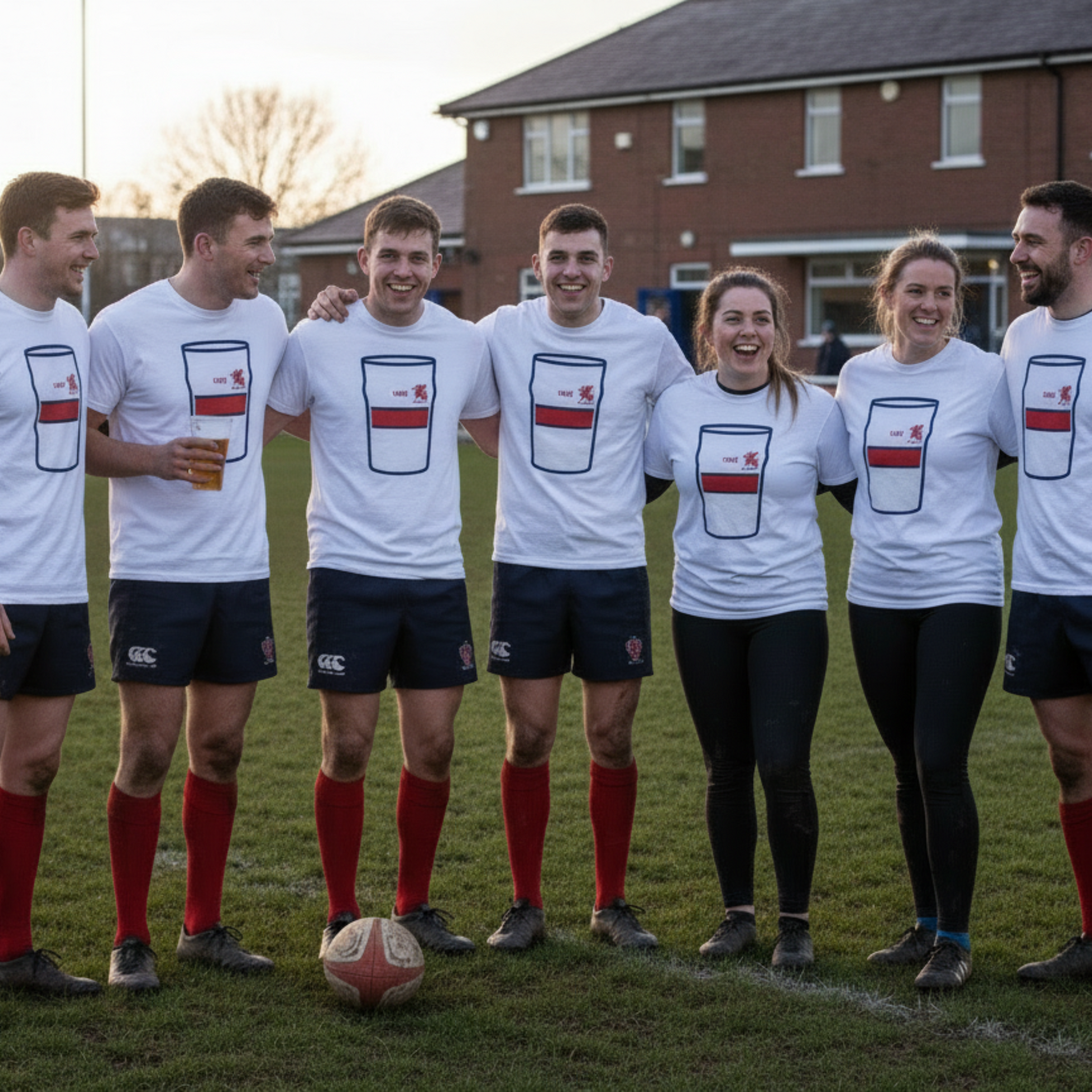 Group of rugby players and supporters wearing white Old Wesley Mega Pint Rugby T-Shirts standing together on the pitch outside the clubhouse.