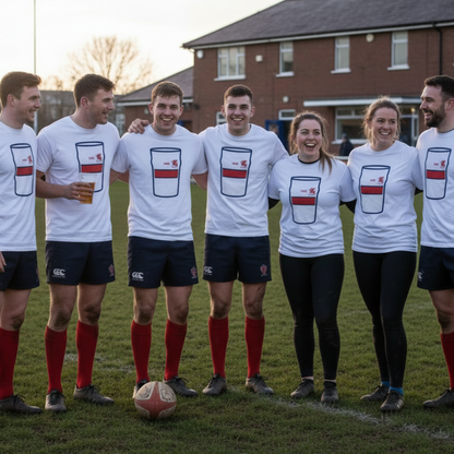 Group of rugby players and supporters wearing white Old Wesley Mega Pint Rugby T-Shirts standing together on the pitch outside the clubhouse.