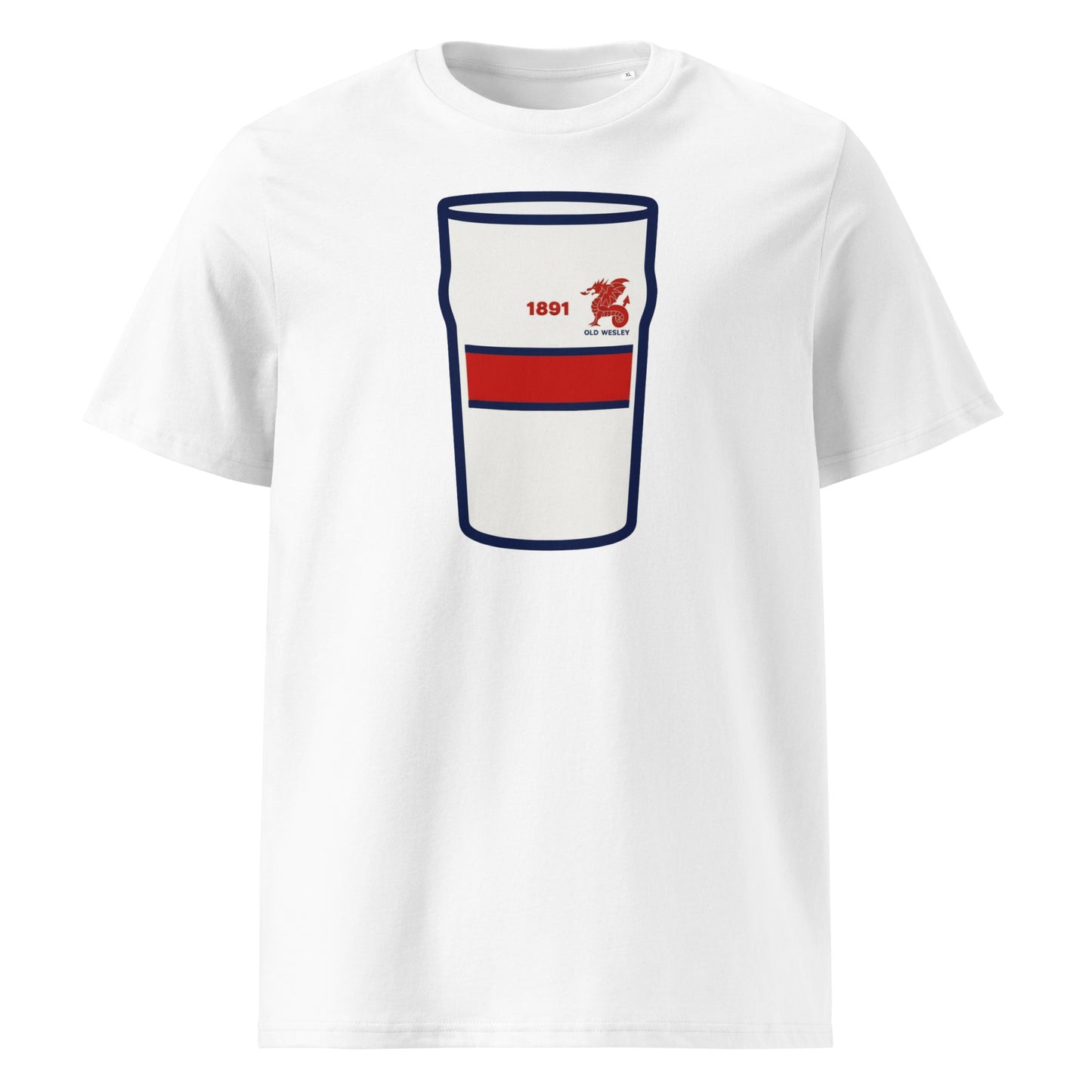 White Old Wesley Mega Pint Rugby T-Shirt featuring a pint glass graphic in navy, red and cream club colours.