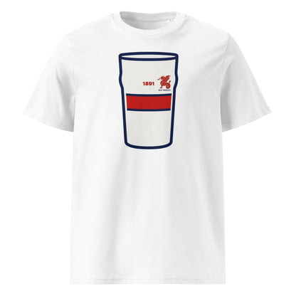 White Old Wesley Mega Pint Rugby T-Shirt featuring a pint glass graphic in navy, red and cream club colours.
