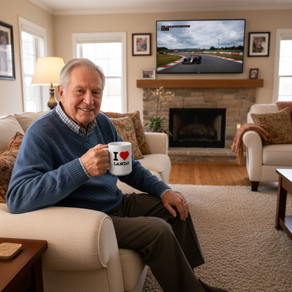 Man sitting on a couch holding a mug with a TV showing F1 in the background.