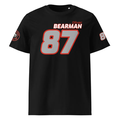 View the front of the black Oliver Bearman T-Shirt, featuring "Oliver Bearman" and the number "87" in white and red. Perfect for F1 fans and petrol heads.