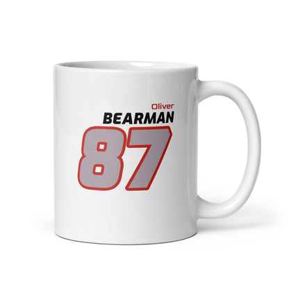 View of the Oliver Bearman Racing Mug from the right handle side, showcasing his name and number in Haas's team colours. Perfect for motorsport fans.