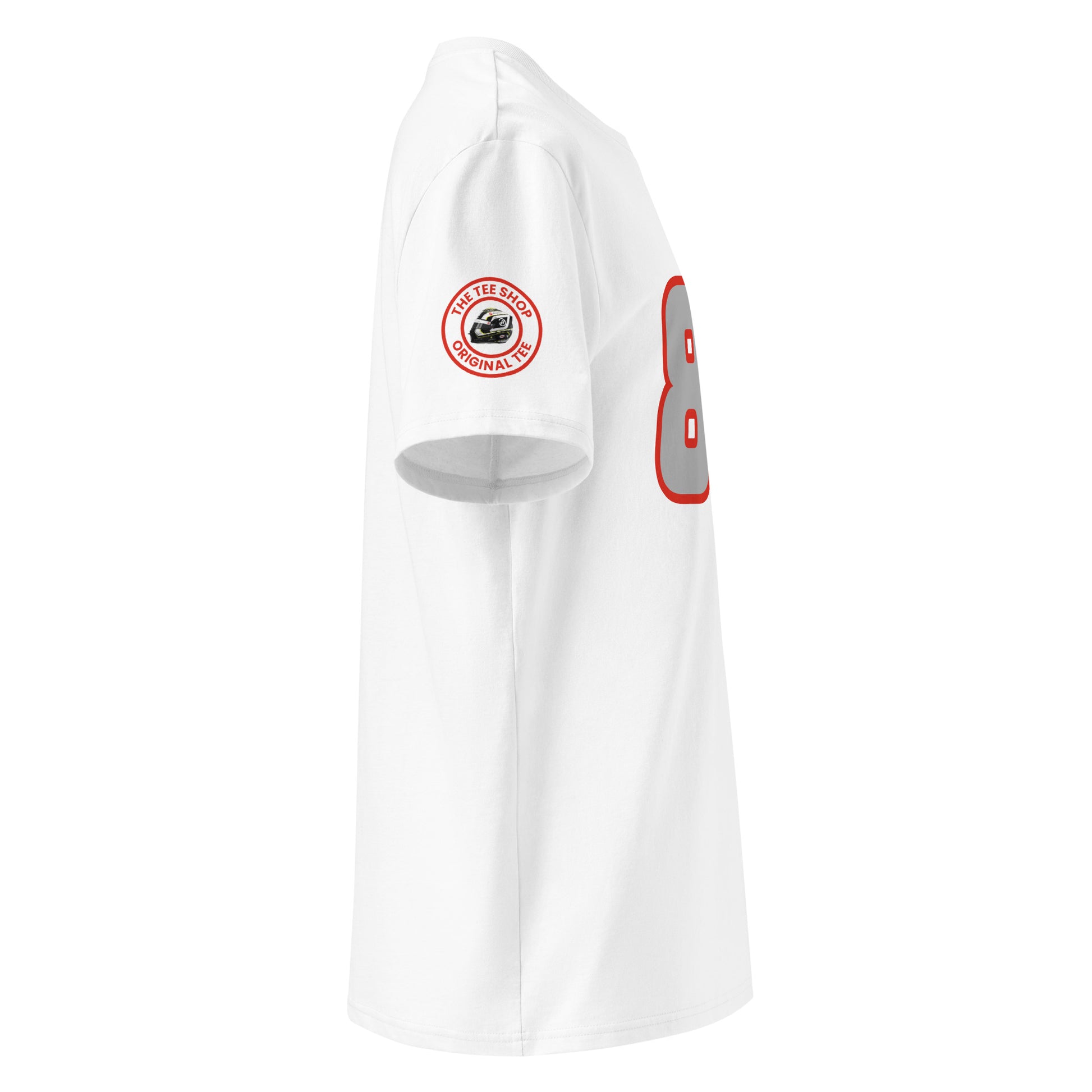 Check out the right sleeve of the white Oliver Bearman T-Shirt, showcasing TheTeeShop logo with a unique image correlating to Oliver Bearman.