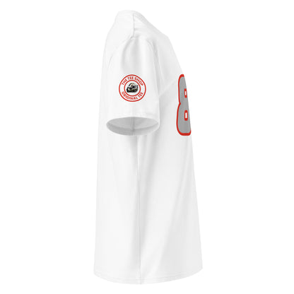 Check out the right sleeve of the white Oliver Bearman T-Shirt, showcasing TheTeeShop logo with a unique image correlating to Oliver Bearman.