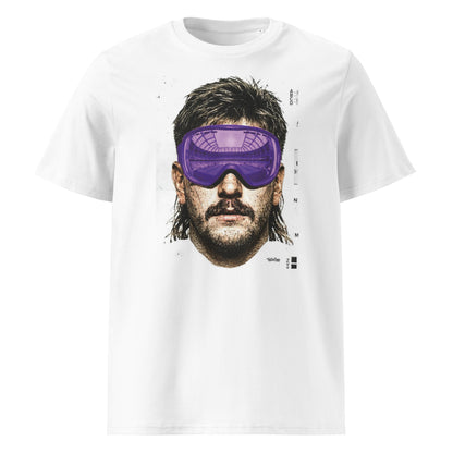 White t-shirt front view with an illustrated rugby lock portrait wearing Terenure College purple ski goggles showing a stadium reflection